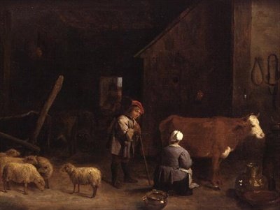 Um pastor a falar com uma ordenhadora numa vacaria de David Teniers the Younger
