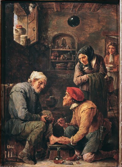 Uma operação cirúrgica, um médico prestes a abrir o pé do paciente (óleo sobre tela de David Teniers the Younger