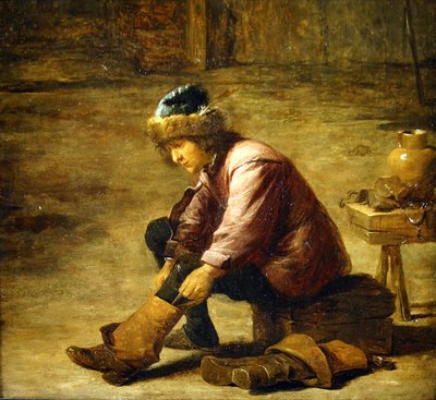 Um, homem jovem, puxando, um, botina de David Teniers the Younger