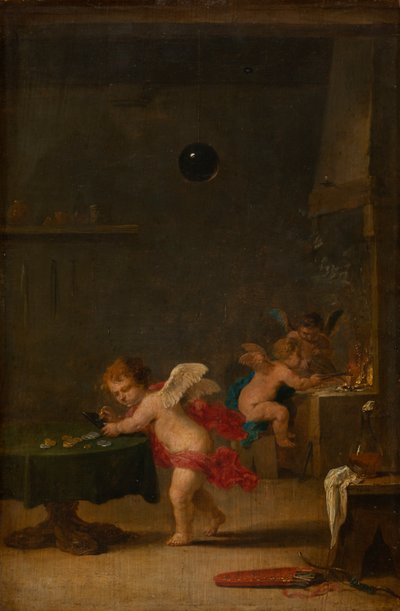 Amoretti na oficina de um alquimista, c.1635-37 (óleo sobre madeira de carvalho) de David the Younger Teniers