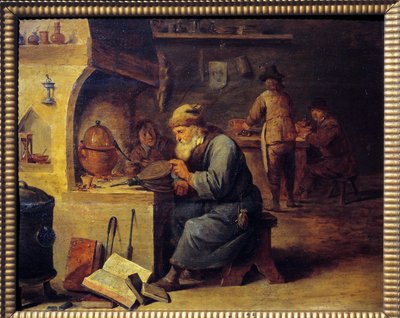 Um alquimista. Pintura de David Teniers II dit David Le Jeune (1610 - 1690), Ec. Flam de David Teniers the Younger
