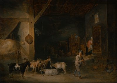 Celeiro com cabras e um menino jogando o gravador, c.1640-45 de David Teniers the Younger