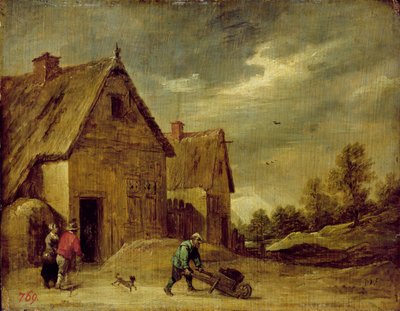 Agricultor com carrinho de mão (óleo em carvalho) de David Teniers the Younger