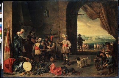 A sala da guarda. Pintura de David Teniers, o jovem (1610-1690). Óleo sobre madeira, 69 x 103 cm de David Teniers the Younger