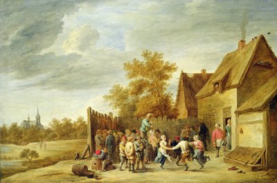 Camponeses dançando fora de uma pousada (óleo sobre tela) de David Teniers the Younger