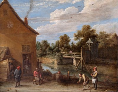 Camponeses a jogar às tigelas em frente de uma estalagem junto a um rio (óleo sobre tela) de David Teniers the Younger