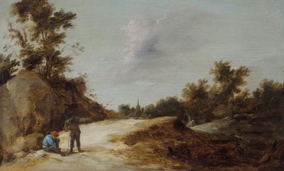 Camponeses a descansar num caminho numa paisagem rochosa e arborizada de David Teniers the Younger