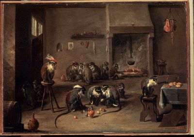 Macacos na cozinha. Pintura por David Teniers o mais novo (1610-1690). Óleo sobre tela, 36 x 50,5 cm, ca. 1640. Arte flamenga, arte barroca. Museu Hermitage, São Petersburgo. de David Teniers the Younger