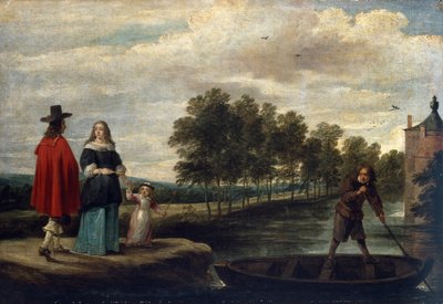 O artista, sua esposa e filho pelo fosso de sua mansão, Perck (óleo sobre tela) de David Teniers the Younger