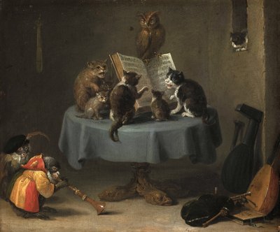 O Concerto dos Gatos por Teniers, David, o Jovem (1610-1690). Óleo sobre madeira, tamanho : 26x31,5 de David Teniers the Younger
