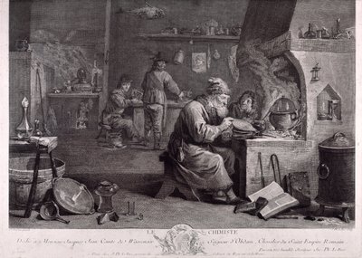 O laboratório do alquimista (gravura) de David Teniers the Younger