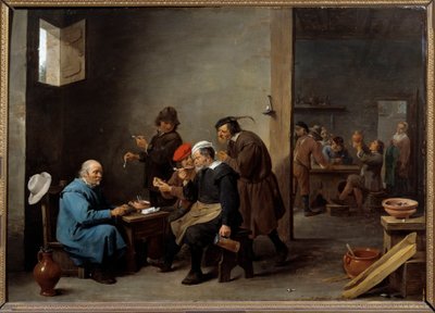 O homem com o chapéu branco Grupo de homens fumando o cachimbo em uma pousada. Pintura de David Teniers II, o jovem (1610-1690) de David Teniers the Younger
