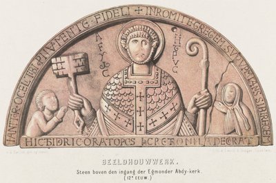 Tympaan van Egmond: tambor de arco com Petrus, Conde Dirk VI da Holanda e sua mãe, Condessa Petronella, c. 1120 Escultura. Pedra acima da entrada da igreja Egmander Abdy (século XII) (título no objeto) de David van der Kellen