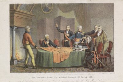 Aceitação do Alto Reinado pelo Triunvirato em nome do Príncipe de Orange, 21 de novembro de 1813 Restaurar um governo holandês para a Holanda. (20 de novembro de 1813) (título no objeto) de David van der Kellen