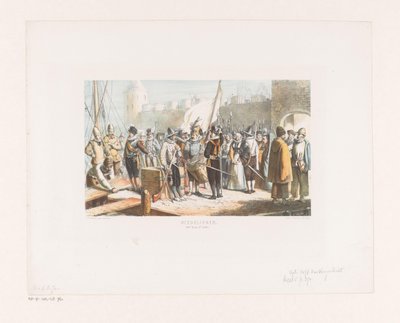 Civis e atiradores na frente de um castelo Townspeople (século 16, 2ª metade) (título no objeto) de David van der Kellen