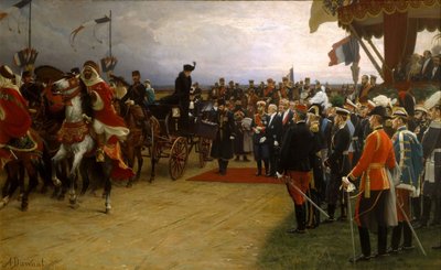 Presidente Emile Loubet dando as boas-vindas ao czar Nicolau II e à czarina Alexandra nas manobras em Betheny, de Dawant