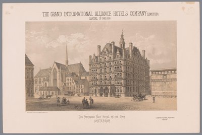 Ontwerp voor een voorgesteld hotel op de Dam em Amesterdão
O Novo Hotel proposto na Barragem de Amesterdão (título sobre o objecto)
The Grand International Alliance Hotels Company (Limited) capital £ 300,000 (título sobre o objecto) de Day and Co.