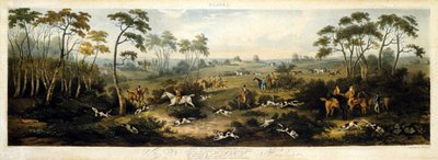 Foxhunting, placa 1, gravada por Thomas Sutherland (1785-1838) 1817 (cor litho) de Dean Snr. (after) Wolstenholme