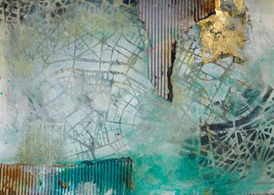 Mapa da cidade em azul-petróleo e dourado de Deb Chaney