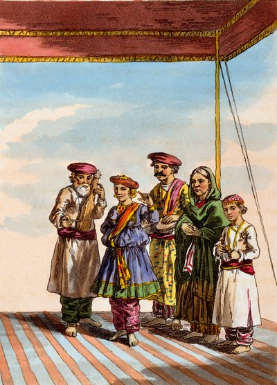 Uma menina dançando o Kuharwa, de &39;O traje, caráter, maneiras, hábitos domésticos e cerimônias religiosas dos mahrattas&39; por TD Broughton, gravura por JA Atkinson, 1813 de Deen Alee