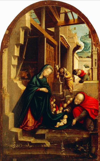 Natividade com anjos adoradores e pastores, pelo Defendente Ferrari (ativo por volta de 1500-1535) de Defendente Ferrari