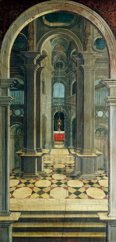 Perspectiva pintada pelo Defendente Ferrari (1480 ou 1485-1540), na secção traseira do coro do século XVI, Igreja de São Jerónimo, Biella, Itália de Defendente Ferrari