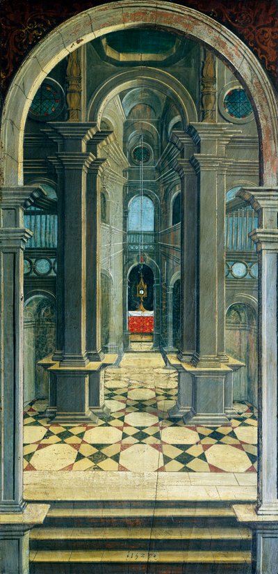 Perspectiva pintada pelo Defendente Ferrari (1480 ou 1485-1540), na parte posterior do coro do século XVI, Igreja de São Jerônimo, Biella. Itália de Defendente Ferrari