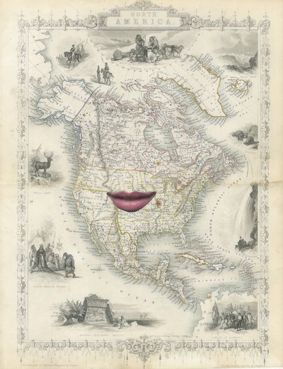 América do Norte colonial, 2017 (colagem de corte de papel) de Deirdre Kelly