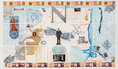 Horizon Eyes para Editorial Nascimento, 2020 (mapa de colagem de mídia mista em papel artesanal) de Deirdre Kelly