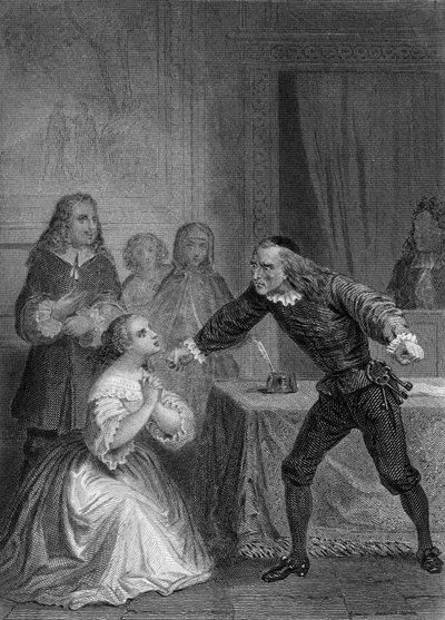 Peça "O Miserável" de Molière: Elise e Harpagon, gravura de Delannoy a partir de um desenho de G. Staal (1870) de Delannoy Delannoy