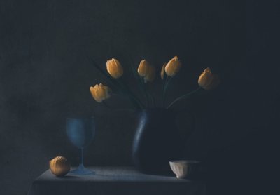 Natureza morta com tulipas amarelas melancólicas de Delphine Devos