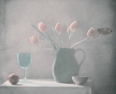 Natureza morta com tulipas em tons pastel de Delphine Devos