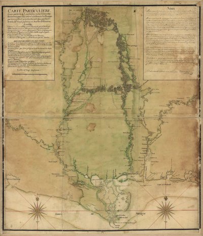 Mapa particular de uma parte do Louisiana, onde os rios e ribeiros foram estudados por estimativa e os percursos terrestres foram estudados e medidos por passos, pelos Srs. Broutin, de Vergés, engenheiros & Saucier, desenhador de Demarigny