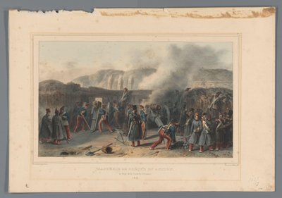 Beschieting van de Citadel, 1832 Quebrando bateria em ação (título no objeto) Desenhos feitos da natureza no cerco da Cidadela de Antuérpia por Raffet (título da série no objeto) de Denis Auguste Marie Raffet