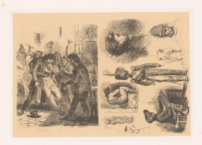 Grupo de homens, ao seu lado uma composição que inclui um soldado
Croquis; Scènes de la Révolution de Denis Auguste Marie Raffet