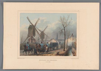Molens van Berchem, 1832 Moinhos de Vento de Berchem (título no objeto) Desenhos feitos da natureza no cerco da Cidadela de Antuérpia por Raffet (título da série no objeto) de Denis Auguste Marie Raffet
