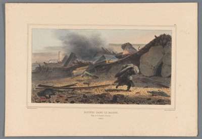 Ruínas, 1832 Ruins in the Bagne (título no objeto) Desenhos feitos da natureza no cerco da Cidadela de Antuérpia por Raffet (título da série no objeto) de Denis Auguste Marie Raffet