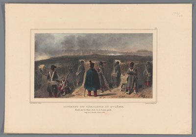 Schutters comprando borstwering, 1832 Alojamento dos escaramuçadores da 19ª luz (título no objeto) Desenhos feitos da vida na sede da Cidadela de Antuérpia por Raffet (título no objeto) de Denis Auguste Marie Raffet