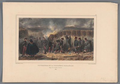 Vendido em gravura um loopgraaf, 1832
Abertura do Terceiro Paralelo (título sobre o objecto)
Desenhos da vida no cerco da Cidadela de Antuérpia por Raffet (título da série sobre o objecto) de Denis Auguste Marie Raffet