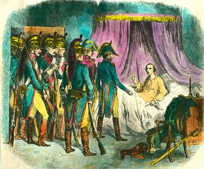 A prisão de Louis Antoine Henri de Bourbon, Duque de Enghien (1772-1804), suspeito sem prova de ter conspirado contra o Primeiro Cônsul Napoleão Bonaparte. Gravura de Denis Auguste Raffet (1804-1860), século XIX. Coleção privada de Denis Auguste Marie Raffet