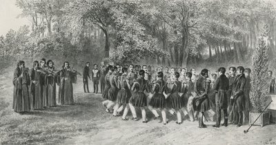 Rodada Wallachian, realizada pelos Tsiganes e dançada pelos músicos do Segundo Regimento na casa do Príncipe Ghika, Ghospodar, Wallachia, 1839 de Denis Auguste Marie Raffet