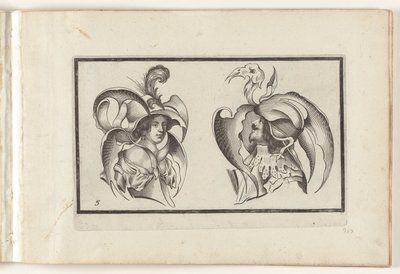 Uma cabeça masculina e feminina com chapéus e golas grotescas
Desenhos para chapéus e artefactos de protecção da cabeça (título da série)
Ouvrage rare et nouveau, contenant plusieurs desseins de merveilleuse recreation sous diverses caprices et gentilles de Denis Boutemie
