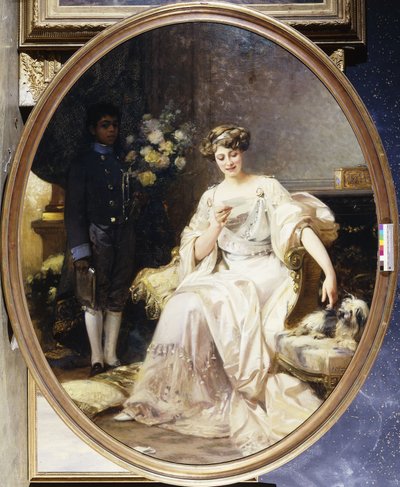 Retrato de uma Senhora, dita Anna de Noailles, sentada a todo o comprimento, com uma página negra num interior de Denis Etcheverry