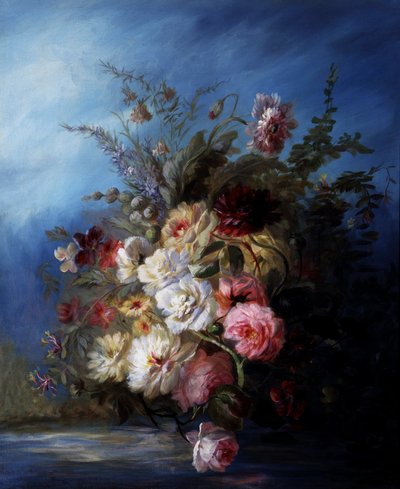 Natureza morta. Bouquet de flores junto à água com rosas e tulipas. Pintura de Denis Pierre Bergeret (1846-1910) Coleção particular. de Denis Pierre Bergeret