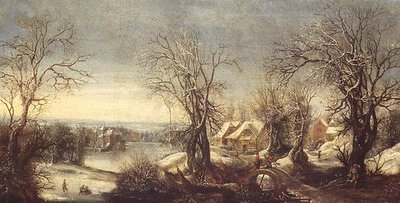 Uma extensa paisagem arborizada no inverno com patinadores em uma via navegável congelada, um peregrino e um santuário além de Denys van Alsloot