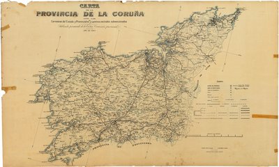 Mapa da província de A Coruña com estradas estaduais e provinciais e estradas de bairro subsidiadas. Publicado por acordo da Excelência. Comissão Provincial de Deputación da Coruña