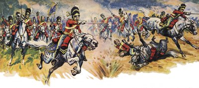 "Neles, Greys!" A investida da Brigada da União (Cavalaria) na Batalha de Waterloo (litografia a cores) de Derek Charles Eyles