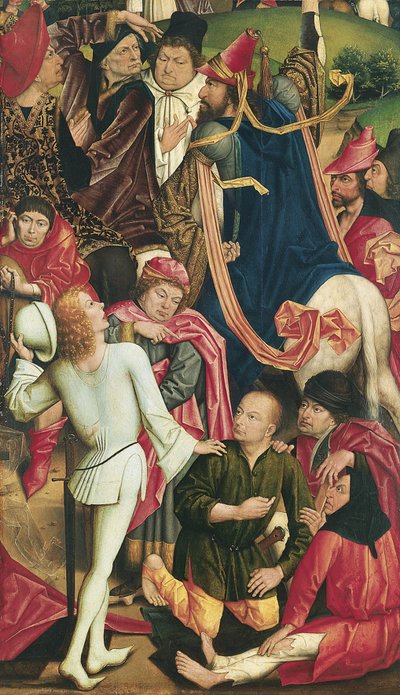 Cavaleiros e soldados jogando dados para Christs Robe de Derick Baegert