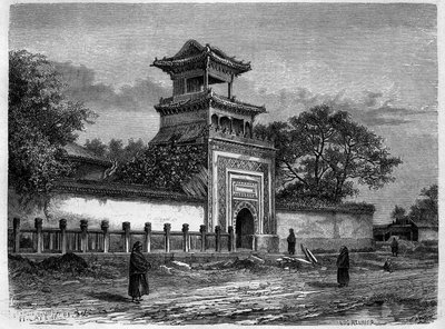 Mosquee em Pekin (Pequim) na década de 1870. Gravura após um desenho de Deroy, em "Le Tour du Monde, Nouveau journal des Voyages", editado por Edouard Charton, Paris de Deroy (after)