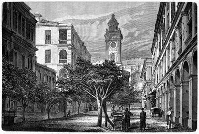 Vista da Torre Histórica do Relógio de Hong Kong. Gravura após um desenho de Deroy, em "Le Tour du Monde, Nouveau journal des Voyages", editado por Edouard Charton, Paris de Deroy (after)